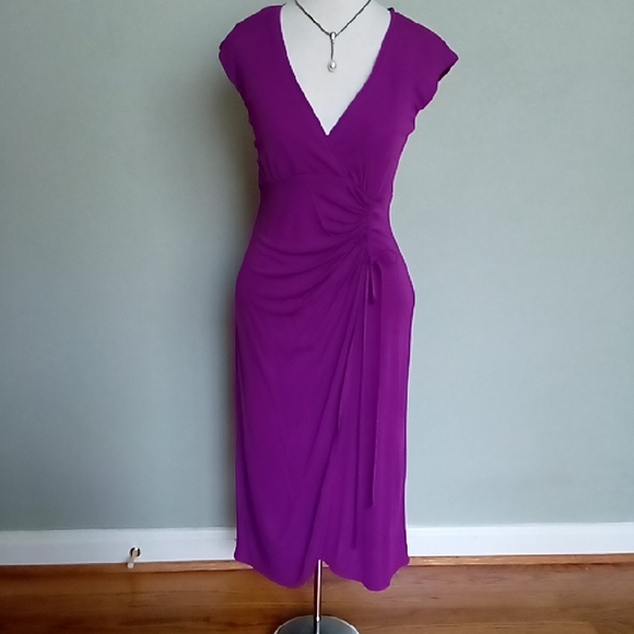 Nanette Lepore Dresses & Skirts - Nanette Lepore Ruched Faux Wrap Magenta Midi Dress V-Neck Stretch Jersey Size 2